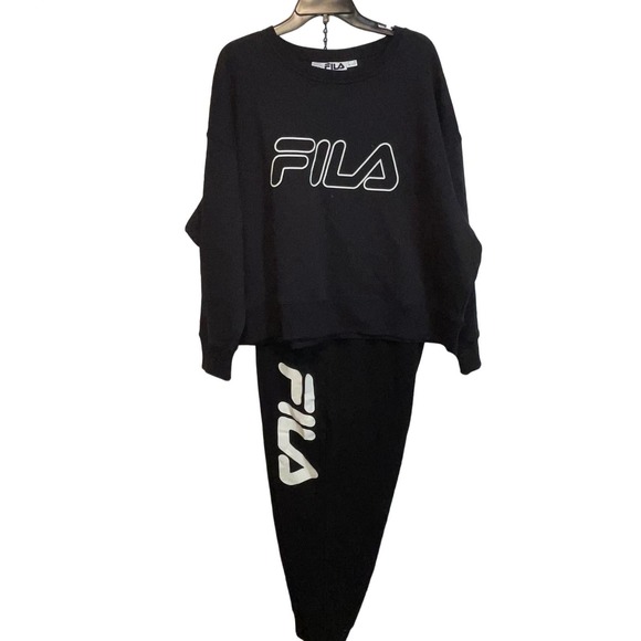 FILA Pants - Fila Catch me crew sweatshirt, stand Slim jogger set Black 3X